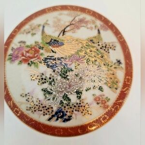 Vintage Satsuma Moriage Japanese 3 5" Gilded Peacock Trinket Keepsake Box